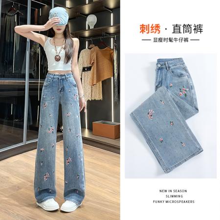 花朵刺绣烫钻牛仔裤女春季新款窄版高腰显瘦直筒拖地裤  服裝批發女裝批發服飾貨源