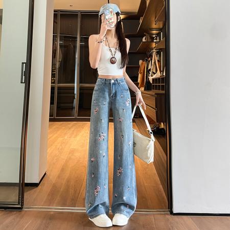 花朵刺绣烫钻牛仔裤女春季新款窄版高腰显瘦直筒拖地裤  服裝批發女裝批發服飾貨源