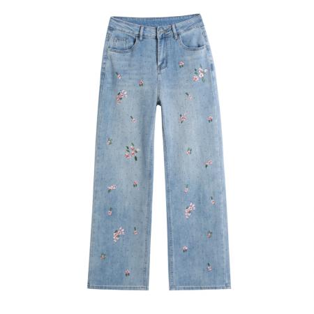 花朵刺绣烫钻牛仔裤女春季新款窄版高腰显瘦直筒拖地裤  服裝批發女裝批發服飾貨源