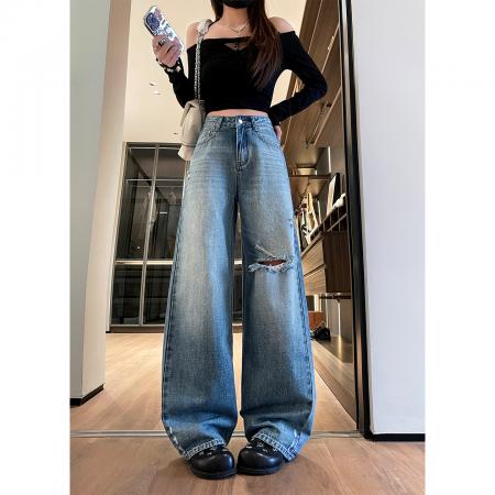 复古破洞阔腿牛仔裤女春夏新款高腰显瘦宽松拖地直筒裤子  服裝批發女裝批發服飾貨源