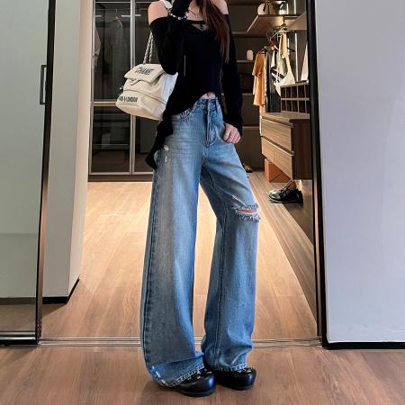 复古破洞阔腿牛仔裤女春夏新款高腰显瘦宽松拖地直筒裤子  服裝批發女裝批發服飾貨源