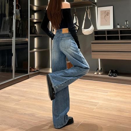 复古破洞阔腿牛仔裤女春夏新款高腰显瘦宽松拖地直筒裤子  服裝批發女裝批發服飾貨源