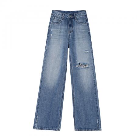 复古破洞阔腿牛仔裤女春夏新款高腰显瘦宽松拖地直筒裤子  服裝批發女裝批發服飾貨源