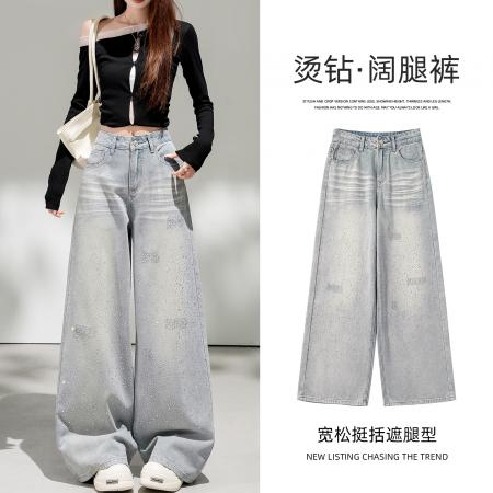 美式高街烫钻牛仔裤女春季新款高腰宽松显瘦直筒阔腿长裤  服裝批發女裝批發服飾貨源