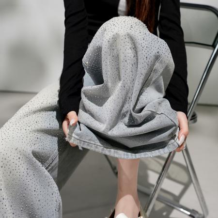美式高街烫钻牛仔裤女春季新款高腰宽松显瘦直筒阔腿长裤  服裝批發女裝批發服飾貨源