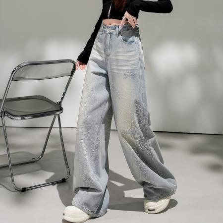 美式高街烫钻牛仔裤女春季新款高腰宽松显瘦直筒阔腿长裤  服裝批發女裝批發服飾貨源