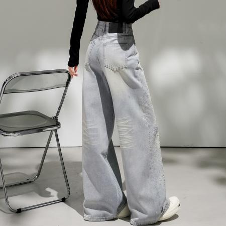 美式高街烫钻牛仔裤女春季新款高腰宽松显瘦直筒阔腿长裤  服裝批發女裝批發服飾貨源