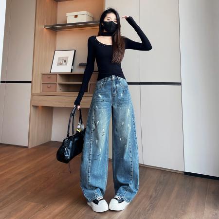 新款美式复古蓝涂彩阔腿宽松牛仔裤女显瘦直筒拖地裤子  服裝批發女裝批發服飾貨源