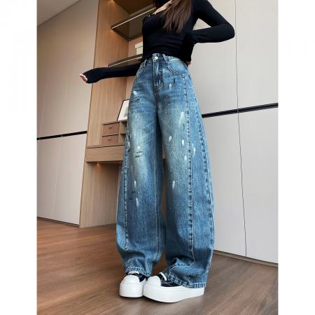 新款美式复古蓝涂彩阔腿宽松牛仔裤女显瘦直筒拖地裤子  服裝批發女裝批發服飾貨源