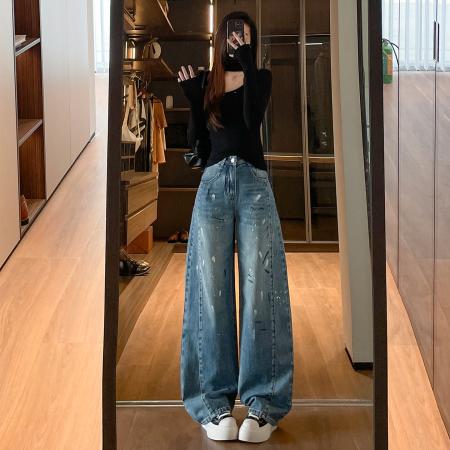 新款美式复古蓝涂彩阔腿宽松牛仔裤女显瘦直筒拖地裤子  服裝批發女裝批發服飾貨源