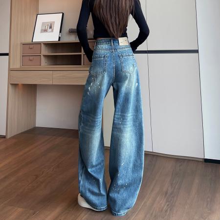 新款美式复古蓝涂彩阔腿宽松牛仔裤女显瘦直筒拖地裤子  服裝批發女裝批發服飾貨源