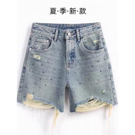 夏季新款满天星烫钻牛仔短裤女胖mm宽松显瘦百休闲搭破洞热裤  服裝批發女裝批發服飾貨源