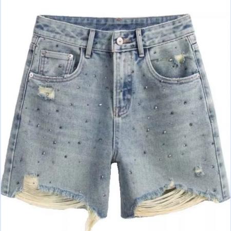 夏季新款满天星烫钻牛仔短裤女胖mm宽松显瘦百休闲搭破洞热裤  服裝批發女裝批發服飾貨源