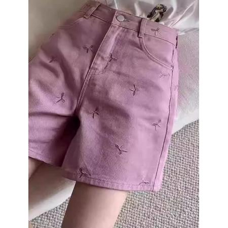 夏季新款蝴蝶结刺绣大码牛仔休闲短裤胖mm高腰百搭显瘦热裤女  服裝批發女裝批發服飾貨源