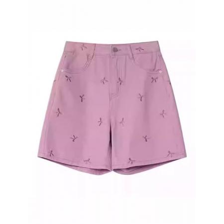 夏季新款蝴蝶结刺绣大码牛仔休闲短裤胖mm高腰百搭显瘦热裤女  服裝批發女裝批發服飾貨源