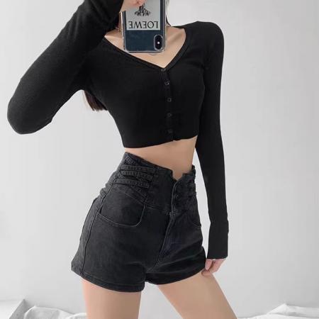 春季新款高腰弹力牛仔短裤大码女胖mm显瘦百搭热裤  服裝批發女裝批發服飾貨源