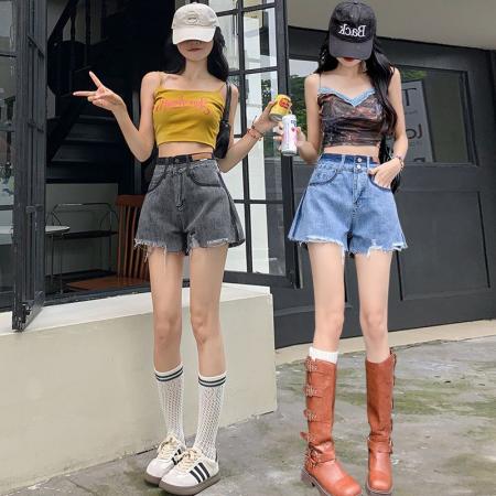 高腰显瘦撞色牛仔短裤女夏季薄款新款小个子阔腿a字短裤女  服裝批發女裝批發服飾貨源