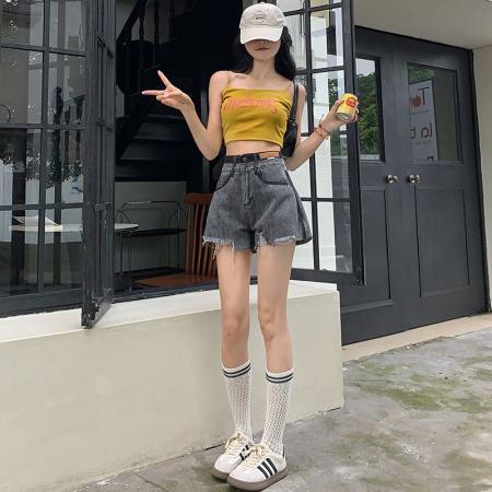 高腰显瘦撞色牛仔短裤女夏季薄款新款小个子阔腿a字短裤女  服裝批發女裝批發服飾貨源