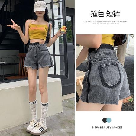 高腰显瘦撞色牛仔短裤女夏季薄款新款小个子阔腿a字短裤女  服裝批發女裝批發服飾貨源