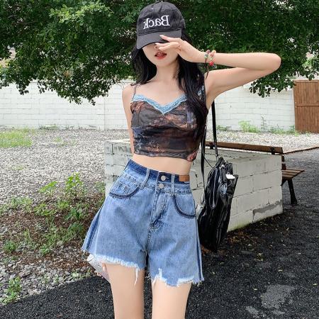 高腰显瘦撞色牛仔短裤女夏季薄款新款小个子阔腿a字短裤女  服裝批發女裝批發服飾貨源