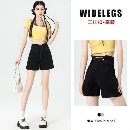 排扣设计高腰牛仔短裤女夏季新款弹力显瘦小个子辣妹a字阔腿热裤  服裝批發女裝批發服飾貨源