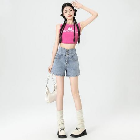 排扣设计高腰牛仔短裤女夏季新款弹力显瘦小个子辣妹a字阔腿热裤  服裝批發女裝批發服飾貨源