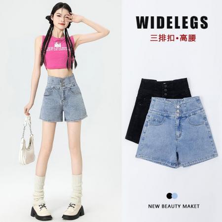 排扣设计高腰牛仔短裤女夏季新款弹力显瘦小个子辣妹a字阔腿热裤  服裝批發女裝批發服飾貨源