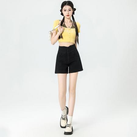 排扣设计高腰牛仔短裤女夏季新款弹力显瘦小个子辣妹a字阔腿热裤  服裝批發女裝批發服飾貨源
