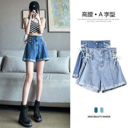 高腰显瘦阔腿牛仔短裤女夏季薄款新款卷边绑带辣妹A字热裤  服裝批發女裝批發服飾貨源