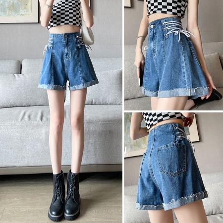 高腰显瘦阔腿牛仔短裤女夏季薄款新款卷边绑带辣妹A字热裤  服裝批發女裝批發服飾貨源