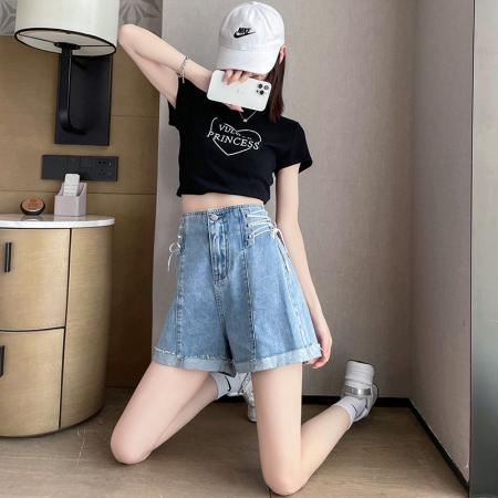 高腰显瘦阔腿牛仔短裤女夏季薄款新款卷边绑带辣妹A字热裤  服裝批發女裝批發服飾貨源