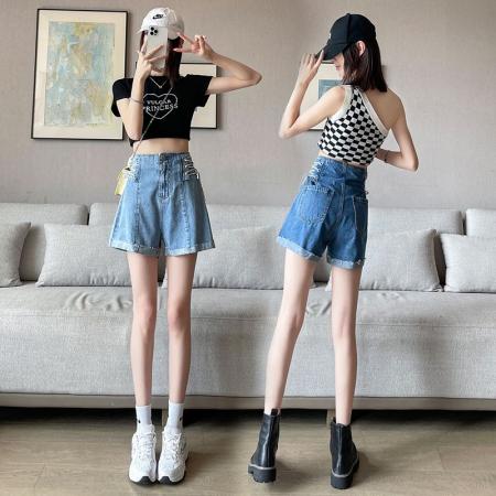 高腰显瘦阔腿牛仔短裤女夏季薄款新款卷边绑带辣妹A字热裤  服裝批發女裝批發服飾貨源