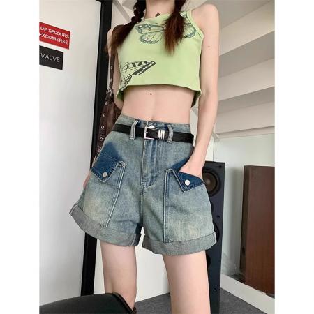 春夏新款大码胖mm高腰显瘦时尚百搭做旧水洗卷边牛仔短裤  服裝批發女裝批發服飾貨源