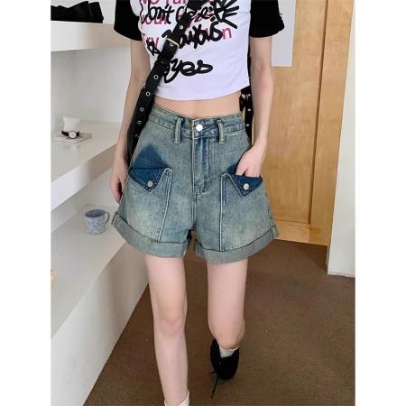 春夏新款大码胖mm高腰显瘦时尚百搭做旧水洗卷边牛仔短裤  服裝批發女裝批發服飾貨源