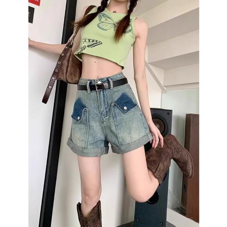 春夏新款大码胖mm高腰显瘦时尚百搭做旧水洗卷边牛仔短裤  服裝批發女裝批發服飾貨源