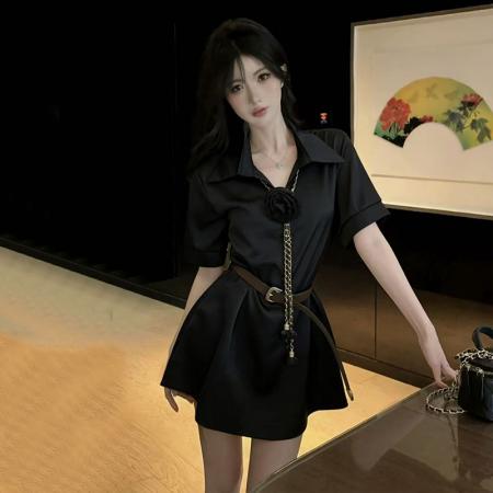 夏季新款轻熟风设计感气质短袖衬衫连衣裙配腰带配腰链  服裝批發女裝批發服飾貨源