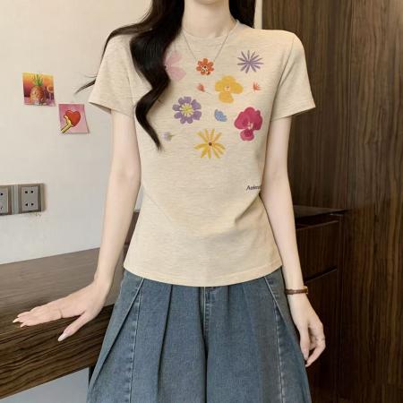 微胖mm美式复古花朵印花短袖t恤女夏季修身显瘦正肩上衣  服裝批發女裝批發服飾貨源