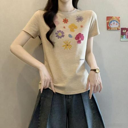 微胖mm美式复古花朵印花短袖t恤女夏季修身显瘦正肩上衣  服裝批發女裝批發服飾貨源