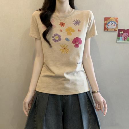 微胖mm美式复古花朵印花短袖t恤女夏季修身显瘦正肩上衣  服裝批發女裝批發服飾貨源