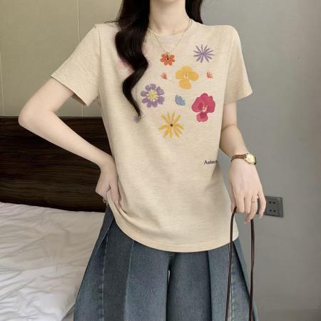 微胖mm美式复古花朵印花短袖t恤女夏季修身显瘦正肩上衣  服裝批發女裝批發服飾貨源