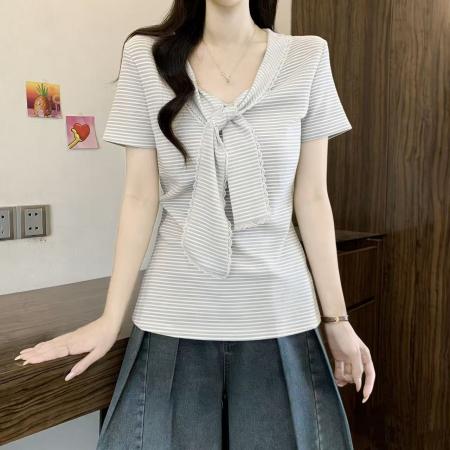 胖妹妹韩系条纹假两件短袖t恤春夏新款修身显瘦披肩上衣  服裝批發女裝批發服飾貨源