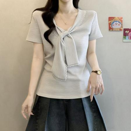 胖妹妹韩系条纹假两件短袖t恤春夏新款修身显瘦披肩上衣  服裝批發女裝批發服飾貨源