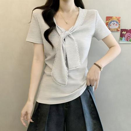 胖妹妹韩系条纹假两件短袖t恤春夏新款修身显瘦披肩上衣  服裝批發女裝批發服飾貨源