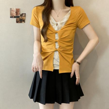 胖MM美式假两件V领短袖上衣女春季黄色修身显瘦设计感小众T恤  服裝批發女裝批發服飾貨源