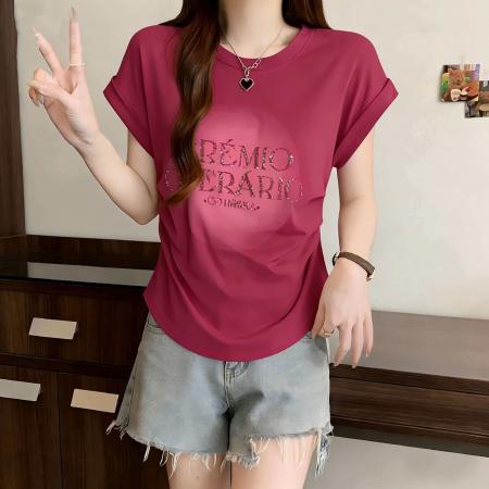 大码新款黑色褶皱短袖T恤女夏季新款微胖气质显瘦上衣  服裝批發女裝批發服飾貨源