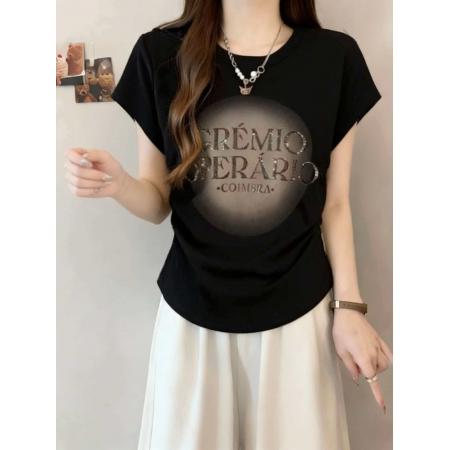 大码新款黑色褶皱短袖T恤女夏季新款微胖气质显瘦上衣  服裝批發女裝批發服飾貨源