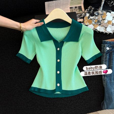 短袖正肩t恤女显瘦夏季新款冰丝针织衫绿色polo领短款上衣  服裝批發女裝批發服飾貨源