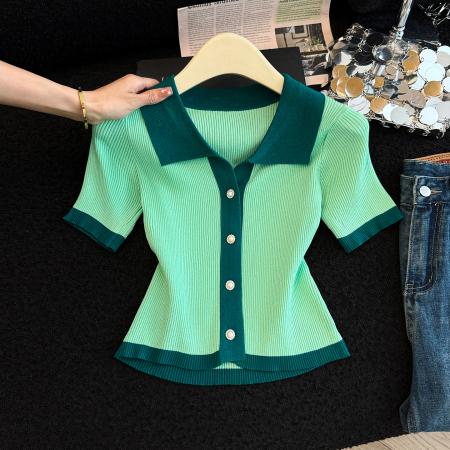 短袖正肩t恤女显瘦夏季新款冰丝针织衫绿色polo领短款上衣  服裝批發女裝批發服飾貨源