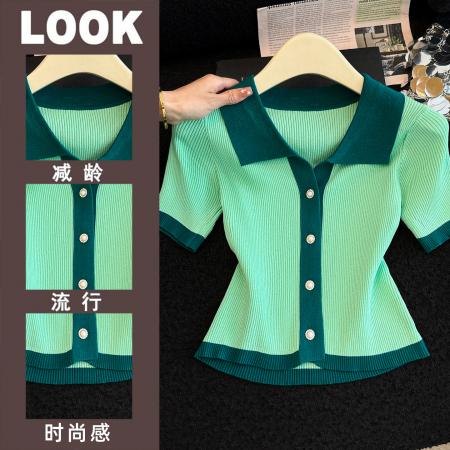短袖正肩t恤女显瘦夏季新款冰丝针织衫绿色polo领短款上衣  服裝批發女裝批發服飾貨源