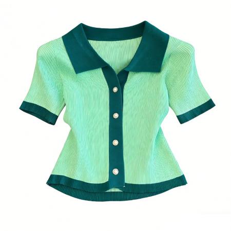 短袖正肩t恤女显瘦夏季新款冰丝针织衫绿色polo领短款上衣  服裝批發女裝批發服飾貨源